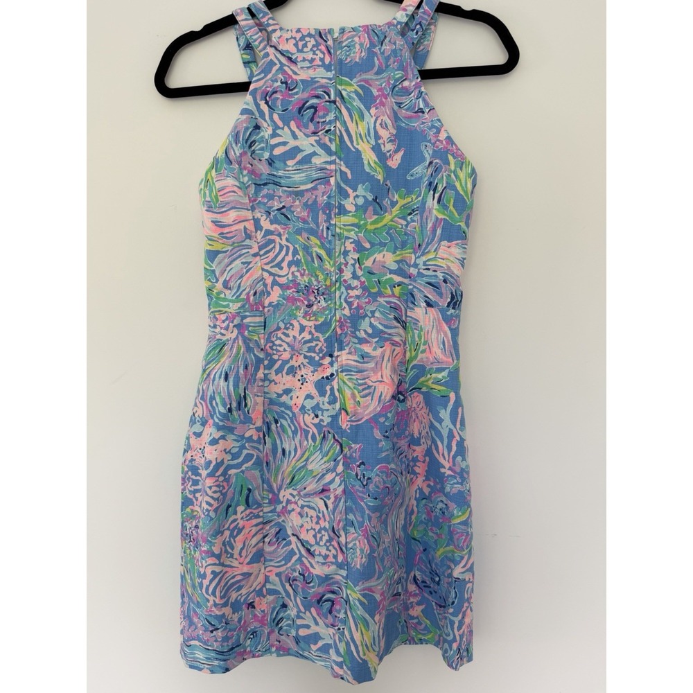 LILLY PULITZER Women Sz 0 Pearl Shift Dress Blue Pink Floral Lace Halter Cotton - Picture 3 of 11
